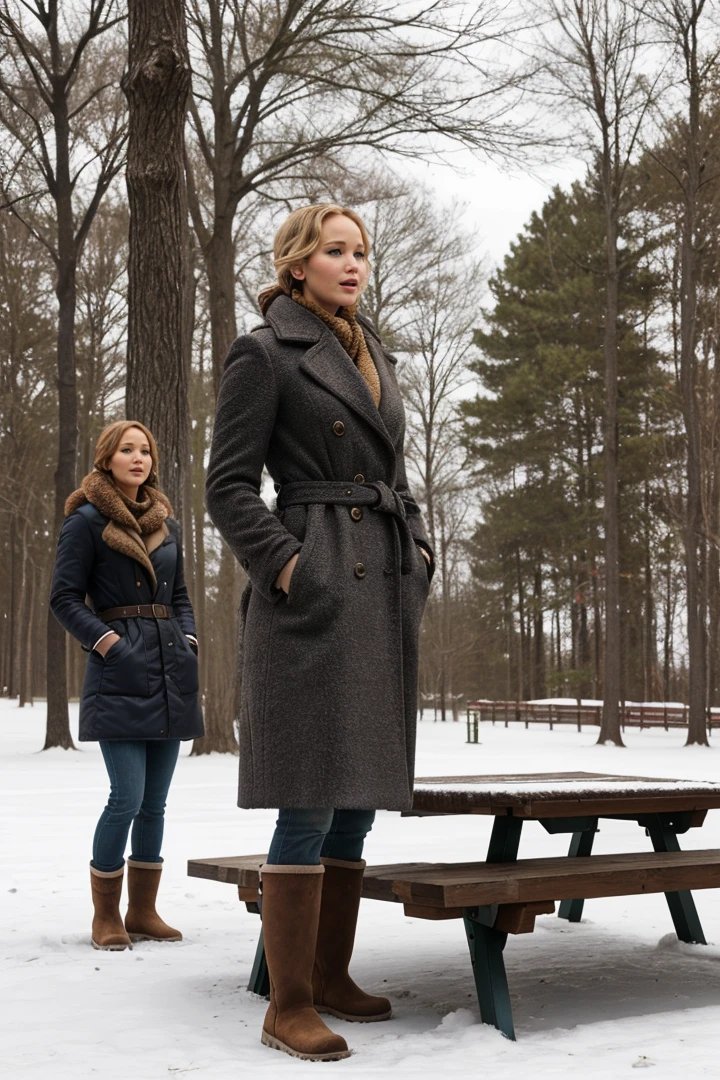 women, standing on a picnic table in a park, wearing Uggs,outdoors, winter time, jennifer lawrence,Best quality,4k,Realistic,highly detailed,
