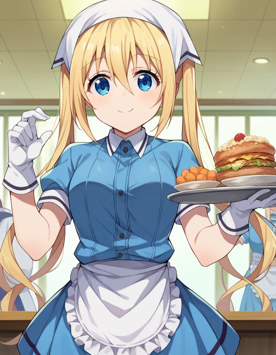 score_9, score_8_up, score_7_up, source_anime,
kahohinata, <lora:kaho-hinata-ponyxl-lora-nochekaiser:1>,
kaho hinata, blonde hair, blue eyes, hair between eyes, long hair, sidelocks, twintails, smile,
apron, blue shirt, blue skirt, frilled apron, frills, gloves, head scarf, shirt, short sleeves, skirt, uniform, waist apron, waitress, white apron, white gloves, food, tray, food tray,
indoors, restaurant,
looking at viewer, dutch angle, cowboy shot, dynamic pose,