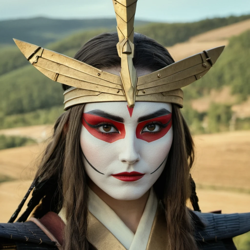 ((Skin Texture, pores, natural,iPhone,RAW)), natural lighting, Highest Quality closeup Portrait photo of a woman with long way hair dressed as Suki, Kyoshi warrior makeup, Nikon Z9, realistic matte skin,  blurry rural village in the background, 8K, whole face,  Kyoshi large triangle golden headpiece,   <lora:marzhang_xl_1_standard_wo_cap_merger_26_44_75_05_03_02:1>