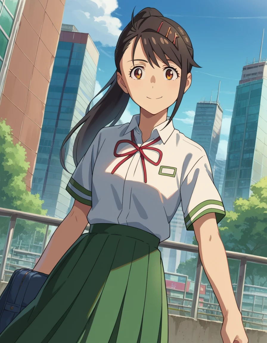 score_9, score_8_up, score_7_up, source_anime,
suzumeiwato, <lora:suzume-iwato-ponyxl-lora-nochekaiser:1>,
suzume iwato, long hair, black hair, hair ornament, brown eyes, hairclip, ponytail, smile,
skirt, shirt, ribbon, school uniform, white shirt, red ribbon, green skirt, long skirt,
outdoors, cityscape,
looking at viewer, dutch angle, cowboy shot,