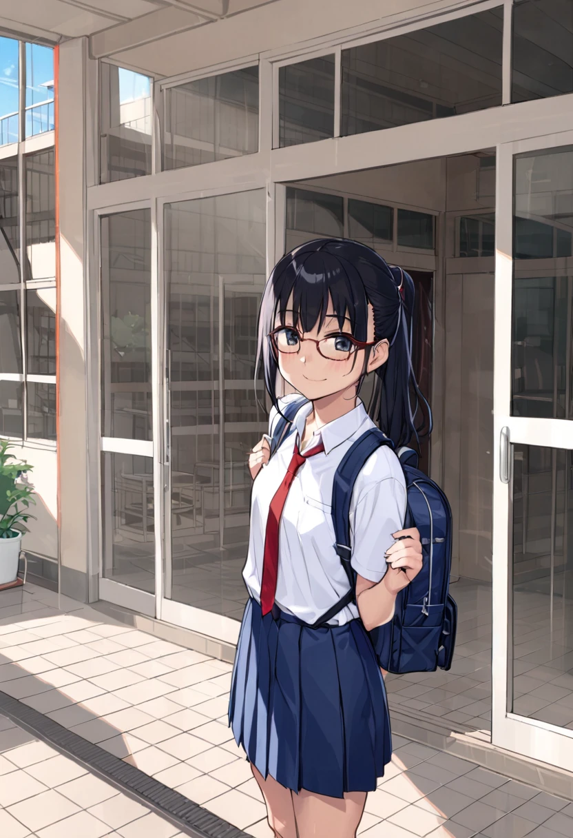 1girl, glasses, black hair, white shirt, pleated skirt, red necktie, standing, blue skirt, looking at viewer, smile, upper body, solo focus,
genkan, syoukouguchi, scenery, building, window, school, tree, japan, door, sky, outdoors, black backpack, school bag,
<lora:school_genkan_SDXL_V1:1>
best quality, ultra-detailed, illustration, <lora:col_xl:0.6>