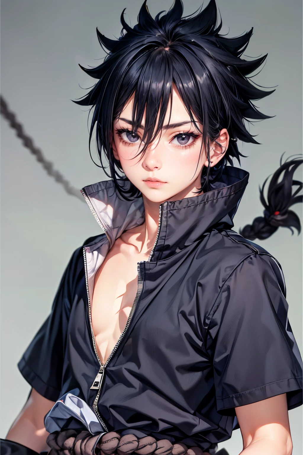 <lora:zuozhu-05:0.7>,super high resolution,best quality,Photos,4k,(Realistic:1.2),zuozhu,solo,1boy,male focus,uchiha sasuke,black hair,hand on hip,white background,simple background,closed mouth,full body,standing,zipper,zipper pull tab,rope,hair between eyes,braid,pants,black eyes,short sleeves,shirt,bangs,grey jacket,black footwear,ninja,toeless footwear,looking at viewer,black pants,spiked hair,