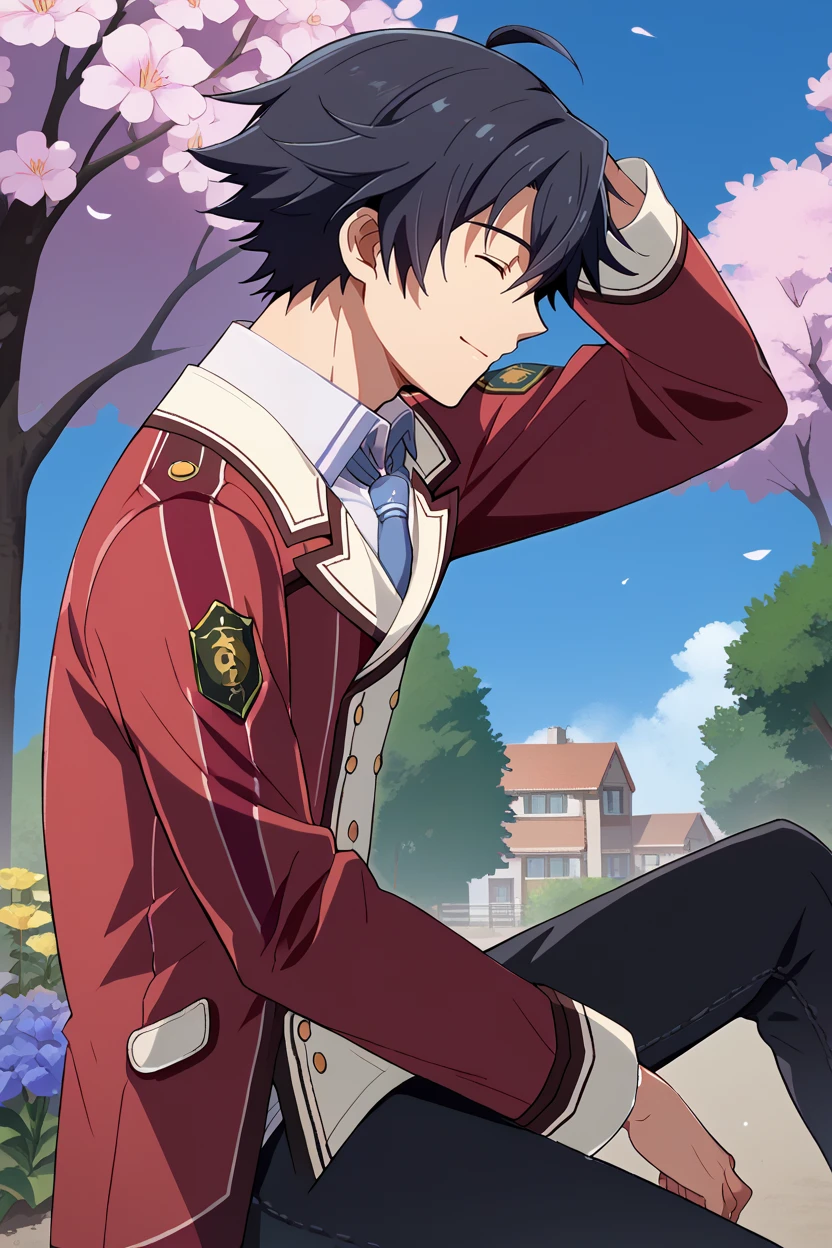 score_9, score_8_up, score_7_up, score_6_up, source_anime, BREAK 1boy, solo <lora:rean-pdxl-nvwls-v1-000006:0.9> sen1rean, black hair, school uniform, red blazer, necktie, black pants, happy, town, spring, flowers, trees, blue sky, closed eyes