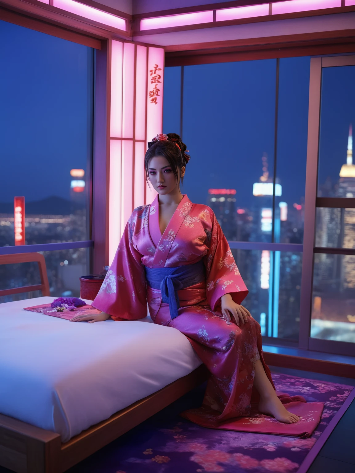 <lora:JJsCyberPunk_Interior_XL:.7>, (((CyberPunk))) , ((best quality)),((masterpiece)),((realistic)), indoors, monitor, window, glass, reflection,bed, coach, desk, authentic, indoor scenery,  highly detailed, neon light,city, sky, night,  curvy window,  <lora:YourAzumi_XL:.3> ((Azumi)), ((1girl)), glamour body, on bed, kimono,