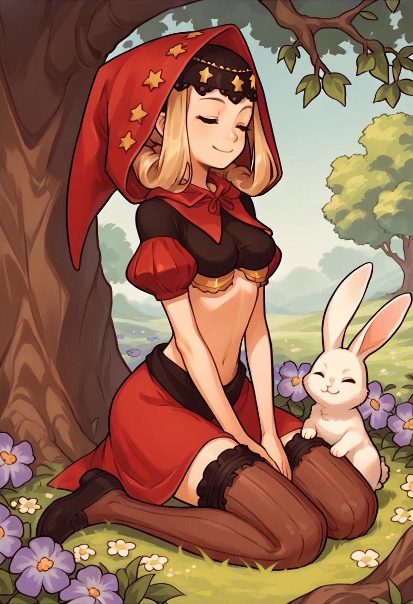 score_9, score_8_up, score_7_up, source_anime, 1girl, solo, kneeling, smile, closed eyes, <lora:VelvetOS:1> velvetOS, red hood, puffy sleeves, medium breasts, midriff, striped thighhighs, black footwear, hands on lap, rabbit, tree, flower