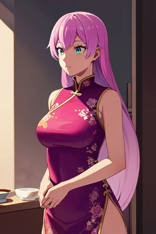 concept art masterpiece, high quality, highres, absurdres, ,<lora:AkariWatanabeR4:0.7>, AkariWatanabeR4,1girl,very long hair, pink hair, aqua eyes, solo, upper body, chinese clothes, china dress, . digital artwork, illustrative, painterly, matte painting, highly detailed