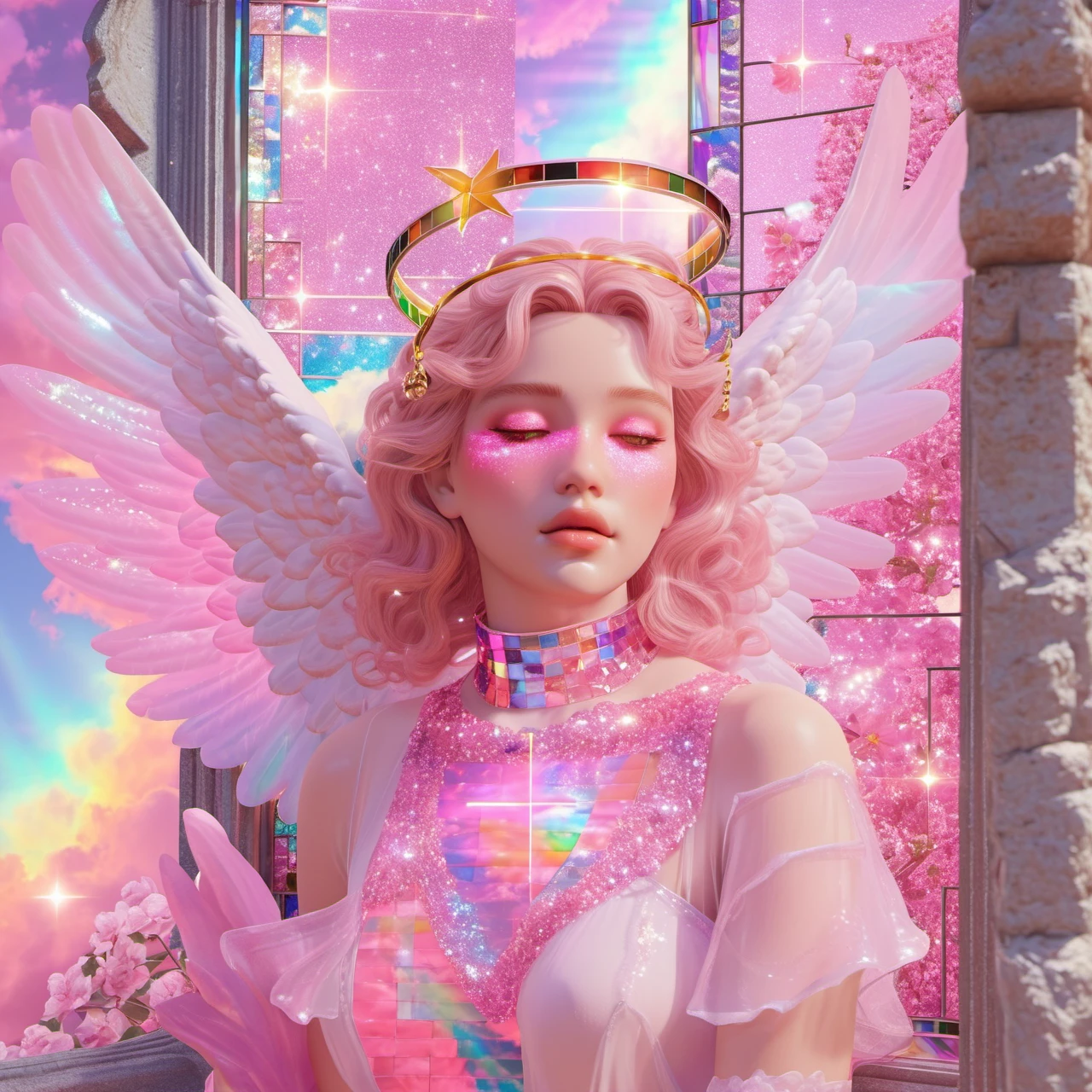 xdlx style, vaporwave art, digital angel with halo and wings, pink glitter clouds, lush flowering garden with stone wall, stained glass window, vibrant