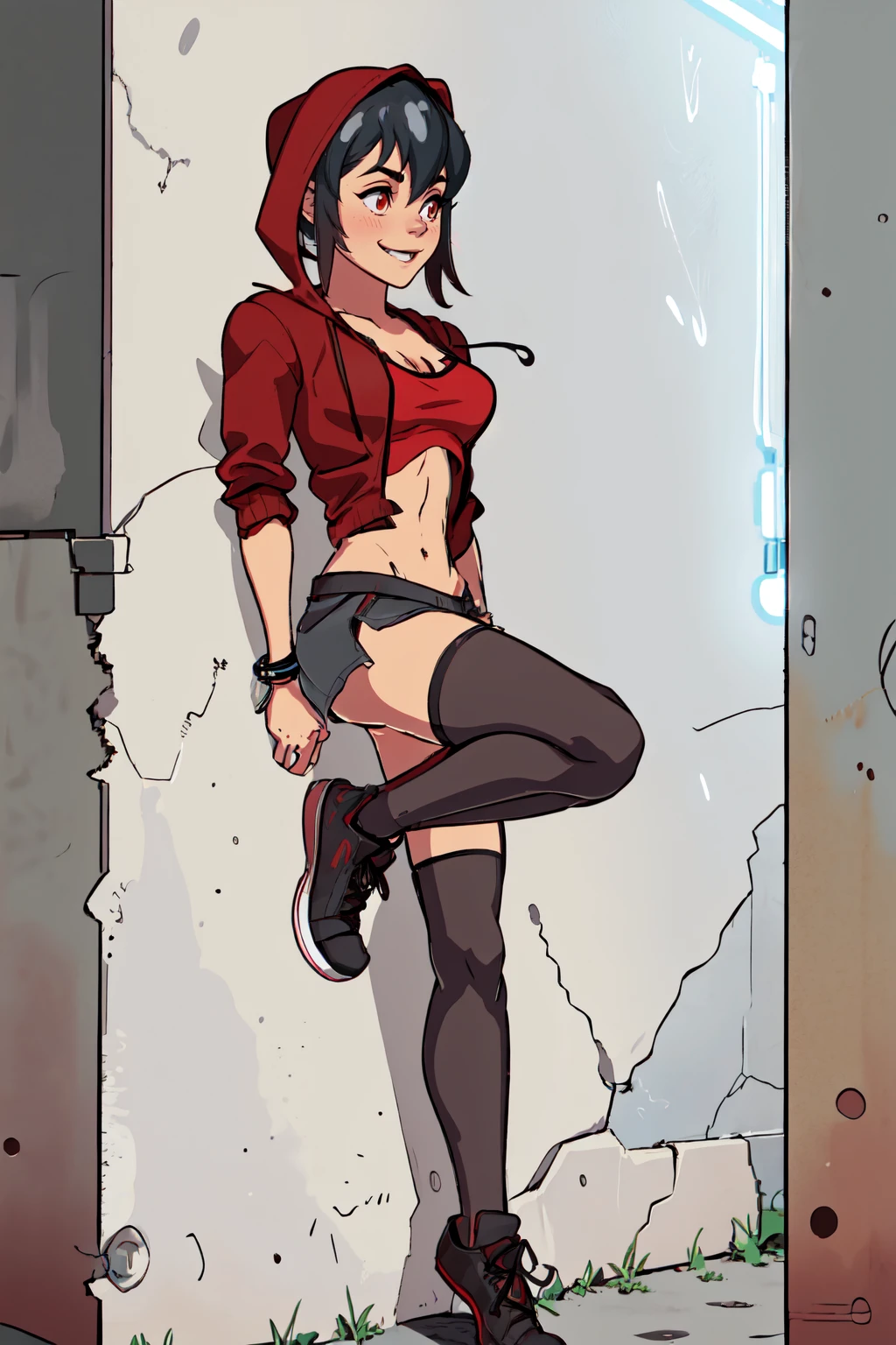 <lora:JennaLora:0.8>1girl, short hair, punk, bracelet, hoodie, red shirt, sneakers, grey skirt, hood up, torn thighhighs, open clothes , leaning on wall, dynamic pose, in an alley, dark, neon lights, sute smile