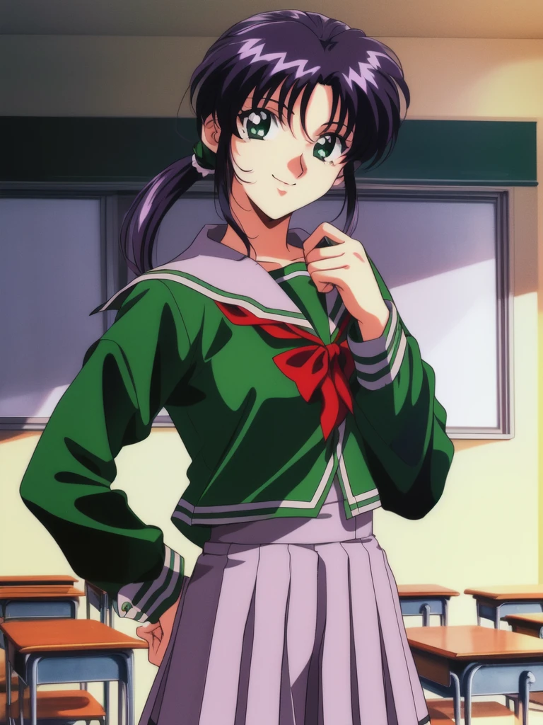 <lora:Tachibana_Yumi:0.8>, TachibanaYumi, 1girl, solo, school uniform, 1990s (style), green shirt, skirt, smile, short hair, long sleeves, looking at viewer, green eyes, pleated skirt, ponytail, school room,
masterpiece, high quality, very_high_resolution, large_filesize, full color,