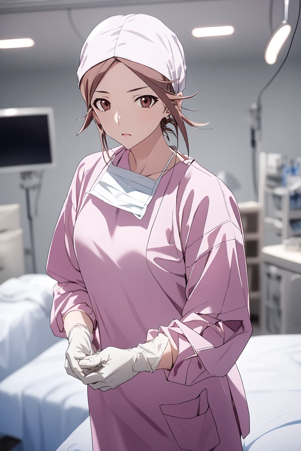 (RAW photo, best quality), 1girl, long sleeve surgical outfit,  surgical gloves, surgical cap,  operating room, overhead surgical light, dslr, blurred background, focused, brown hair,
<lora:triage_x_yuko_sagiri_v1_2-000005:1>, yuko sagiri (triagex),
 <lora:concept_surgical_mask_open_v2_1:1> surgical_mask_open, completely_undone