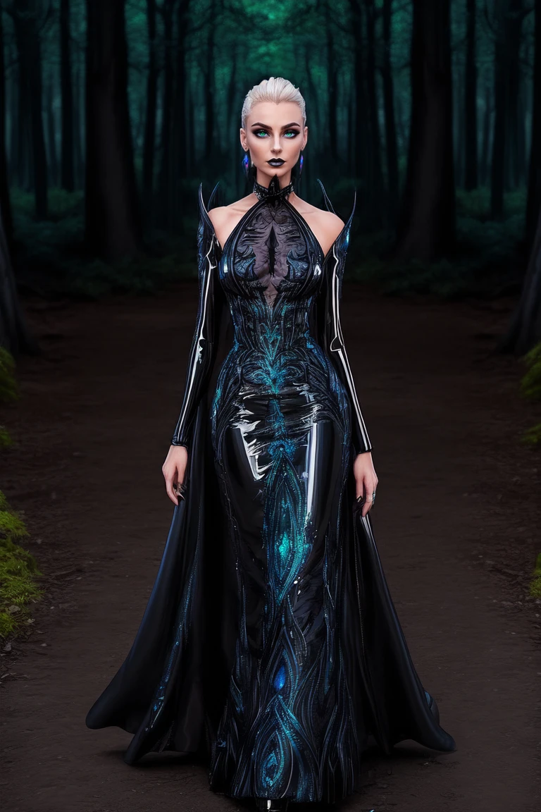 (reaching to viewer, holding lightning:1.2), close up portrait, woman, platinum blonde hair, wearing HUD_Evl_Que3n_2, dress, earrings, <lora:Evil_Queens_Sister-000009:0.65> , (The Enchanted Forest:1.2), (((Mystical)), Dark Elegance, Glossy ((latex ballgown)), Deep hues of blue, green, and orange, Sculpted (bodice), High slit, Holographic sheen, Floor-length, Black stilettos, Sorceress, Slicked-back hair, (Black opal) choker, Oval black opal ring.:1.1), evil, eyeliner, black lips, dark skies, lightning