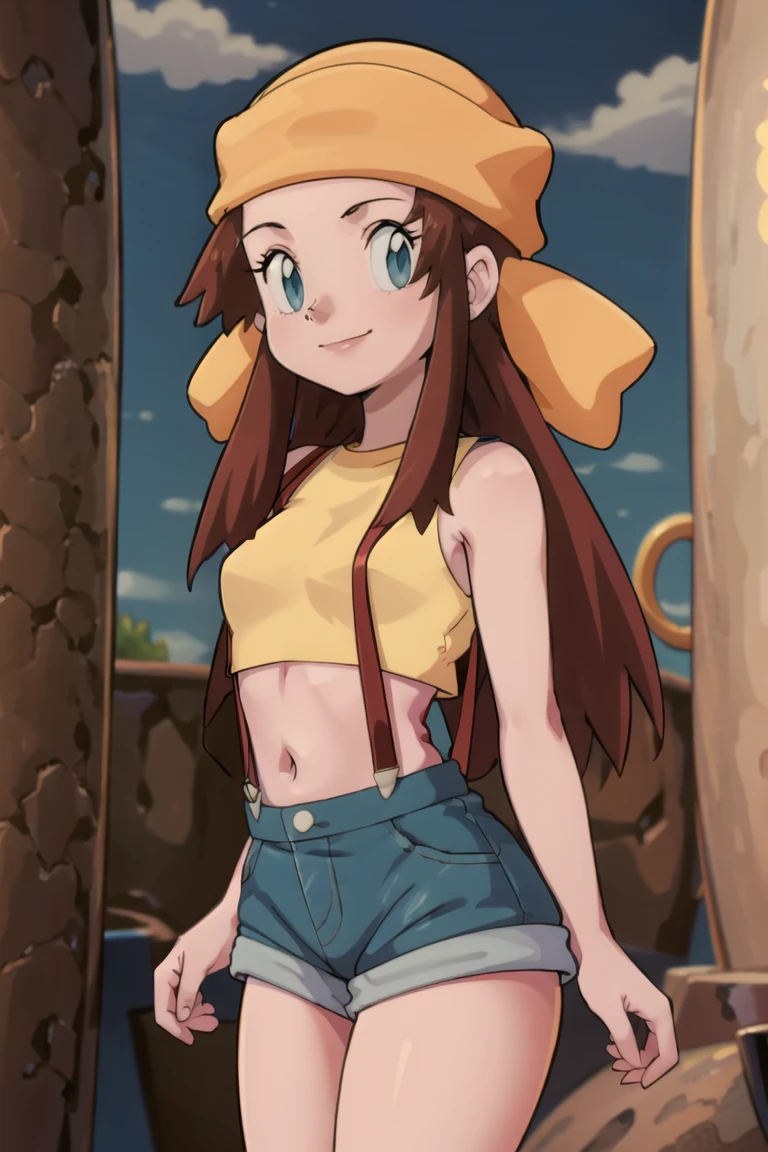 <lora:Misty_Pokemon_Cosplay_v3:0.8>, misty (pokemon) (cosplay), yellow crop top, suspenders,((masterpiece,best quality)), absurdres, <lora:Melody_Pokemon:0.8>, Melody_Pokemon, blue eyes, long hair, brown hair, solo, smiling, looking at viewer, cowboy shot,
