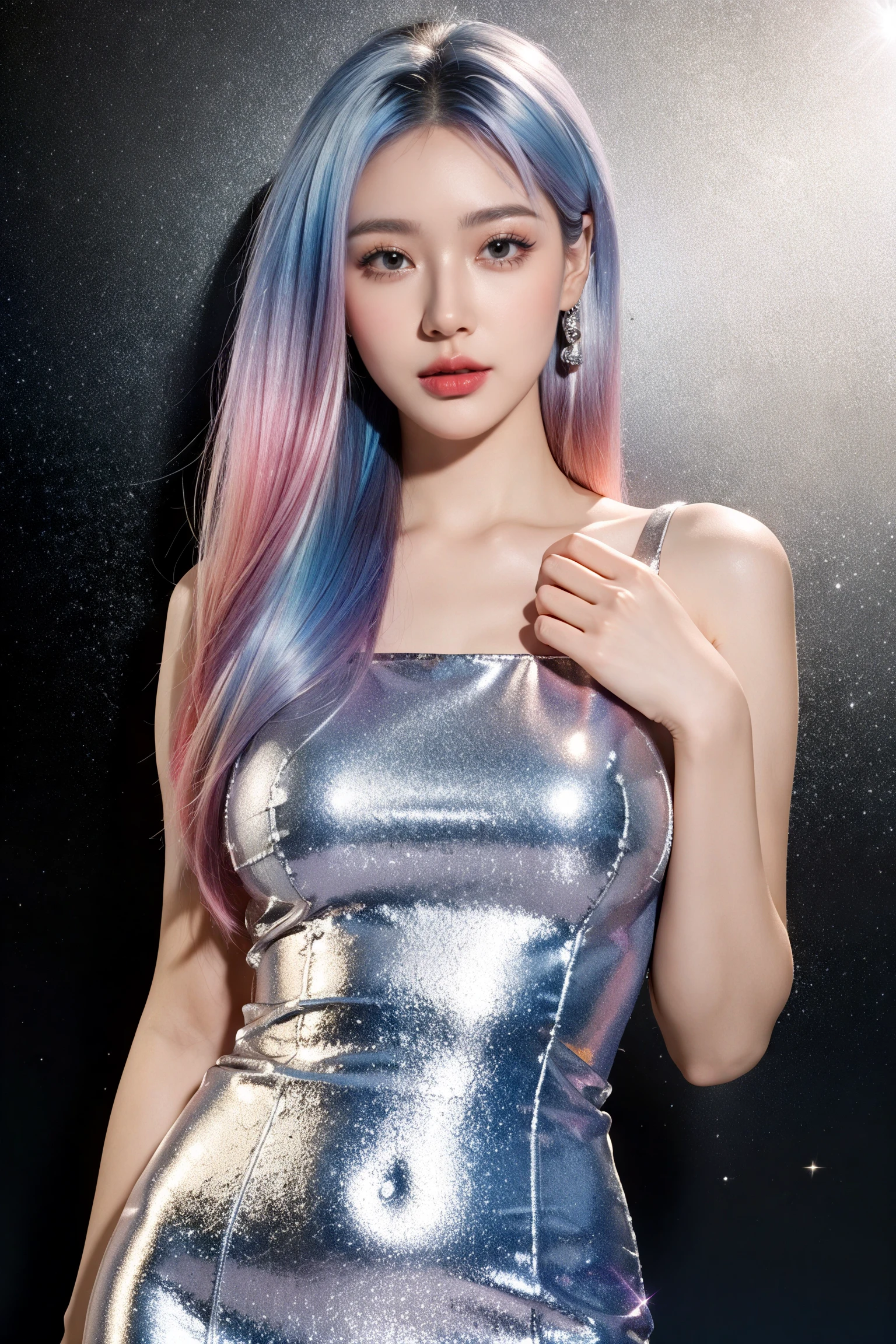 masterpiece, top quality, best quality,(close-up:1) (gradient Metallic tin foil background:1), ((1girl, gradient hair)), (gradient Metallic tin foil dress, gradient eyeshadows)