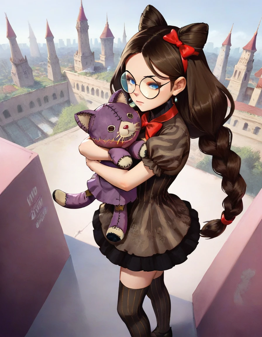 score_9, score_8_up, score_7_up, score_6_up, score_5_up, score_4_up, rating_safe, a girl is standing on the top of a clock_tower, from below, from side,  <lora:cereza_xl_v2_w1:.8> cereza, cone hair bun, very long hair, single braid, round eyewear, jewelry, thighhighs,  vertical stripes, bow, ribbon, puffy sleeves, dress, cityscape, from above, legs together,  looking away, hugging stuffed animal, looking at viewer,