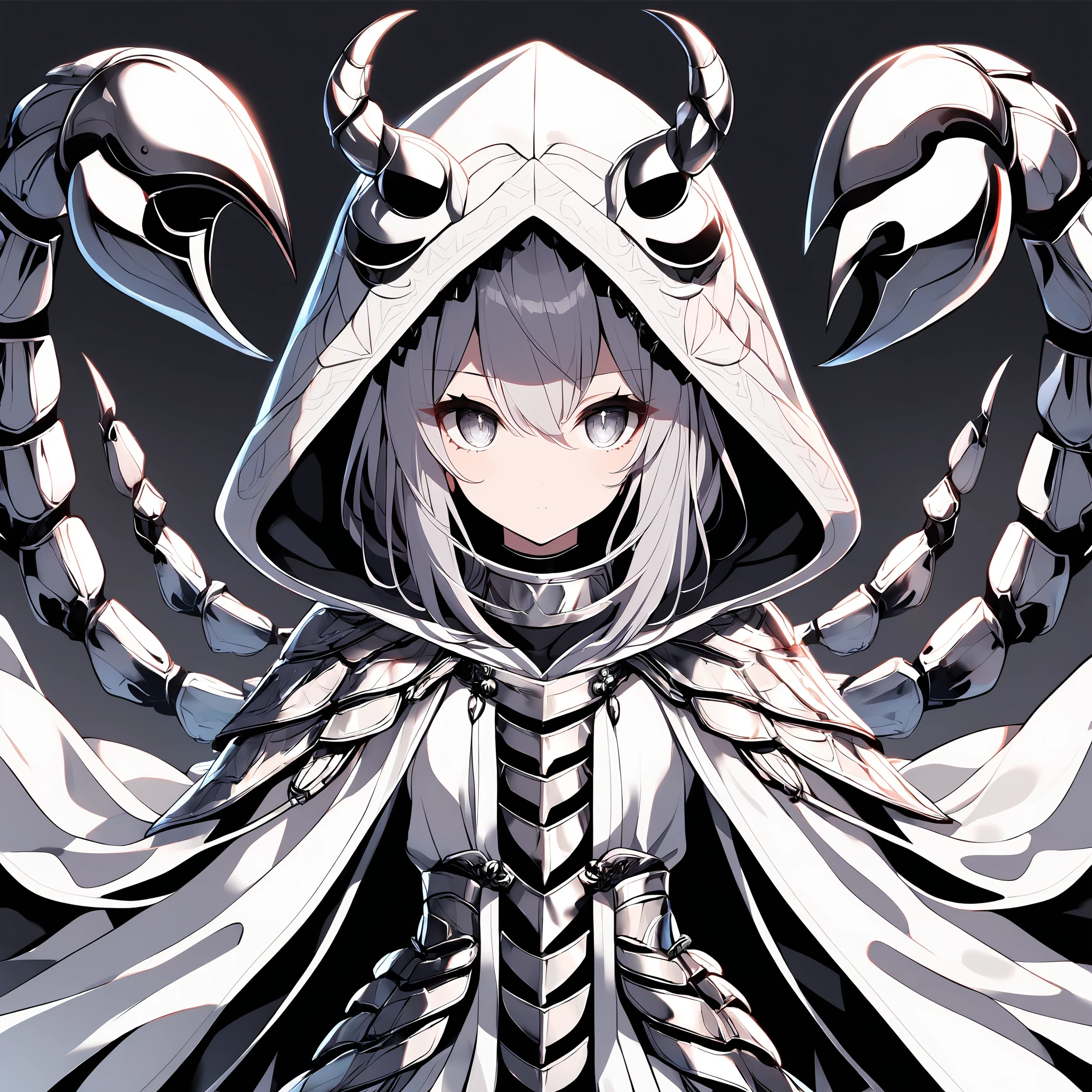 1girl, solo, light grey hair, light grey eyes, light grey skin, white robe, (hood up:1.5)
<lora:sasoriishou_xl_v1:1>, sasoriishou