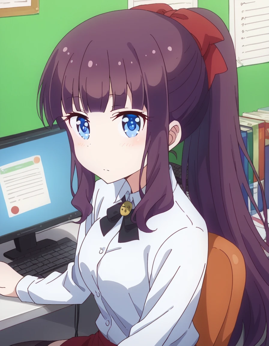 score_9, score_8_up, score_7_up, source_anime,
hifumitakemoto, <lora:hifumi-takimoto-ponyxl-lora-nochekaiser:1>,
hifumi takemoto, long hair, bangs, blue eyes, bow, ponytail, purple hair, hair bow,
skirt, shirt, thighhighs, white shirt, black thighhighs, red skirt,
indoors, office,
looking at viewer, dutch angle, cowboy shot, sitting, computer, desk,