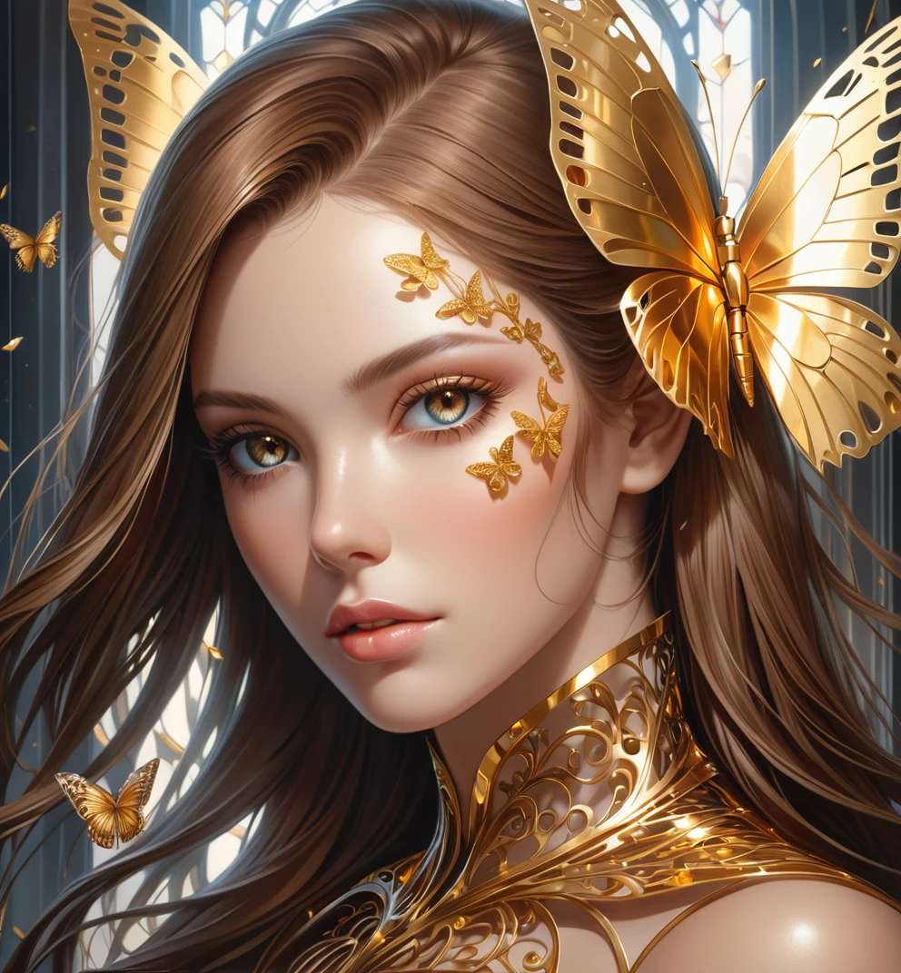 photo, 8k portrait of beautiful cyborg with brown hair, intricate, elegant, highly detailed, majestic, digital photography, art by artgerm and ruan jia and greg rutkowski surreal painting gold butterfly filigree, broken glass, (masterpiece, side lighting, finely detailed beautiful eyes: 1.2), hdr, realistic, high definition<lora:ornate:1.99>