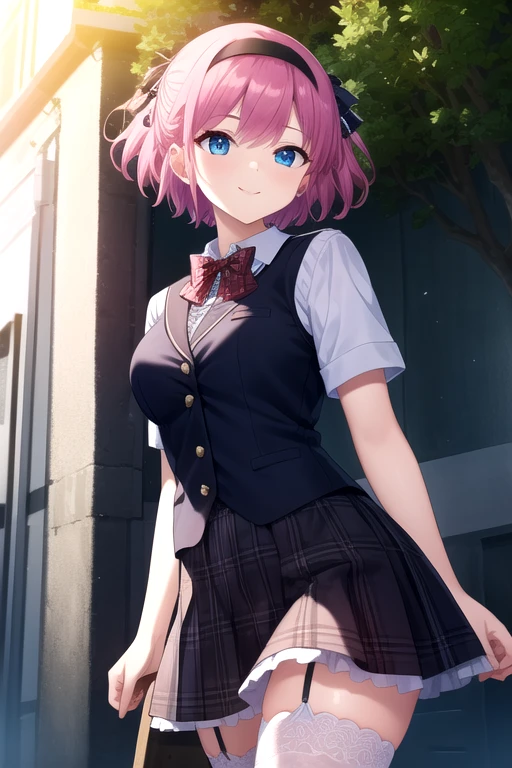((masterpiece)),(best quality),official art,extremely detailed CG,unity 8k wallpaper,ultra detailed,beautiful detailed eyes,extremely detailed face,1girl,solo,outdoors,cowboy shot,looking at viewer,facing viewer,smile,nubile,Komine Sachi,short hair,hairband,hair ribbon,plaid ribbon,hair bow,black bow,pink hair,sidelocks,side swept bangs,blue eyes,school uniform,black vest,buttons,red bowtie,plaid bowtie,collared shirt,white shirt,short sleeves,large breasts,black skirt,white thighhighs,lace-trimmed legwear,garter straps,loafers,<lora:Komine Sachi(gk)>,