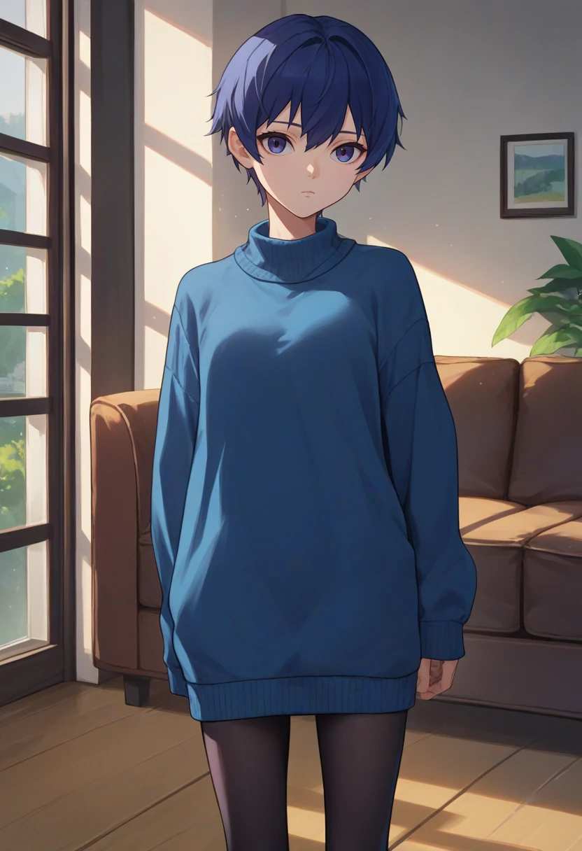 score_9, score_8_up, score_7_up, source_anime, solo, 1girl, naotornd, expressionless, looking at viewer, standing, blue sweater, sweater dress, black pantyhose, indoors, living room <lora:persona4_shirogane_ponyXL:1>