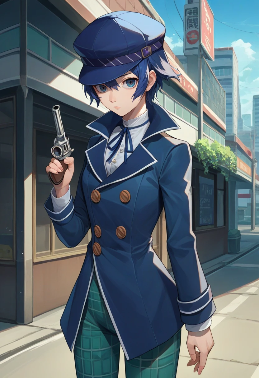 score_9, score_8_up, score_7_up, source_anime, solo, 1girl, naotodetective, expressionless, looking at viewer, holding gun, holding revolver, cabbie hat, blue coat, buttons, neck ribbon, long sleeves, green pants, plaid, outdoors, city street <lora:persona4_shirogane_ponyXL:1>