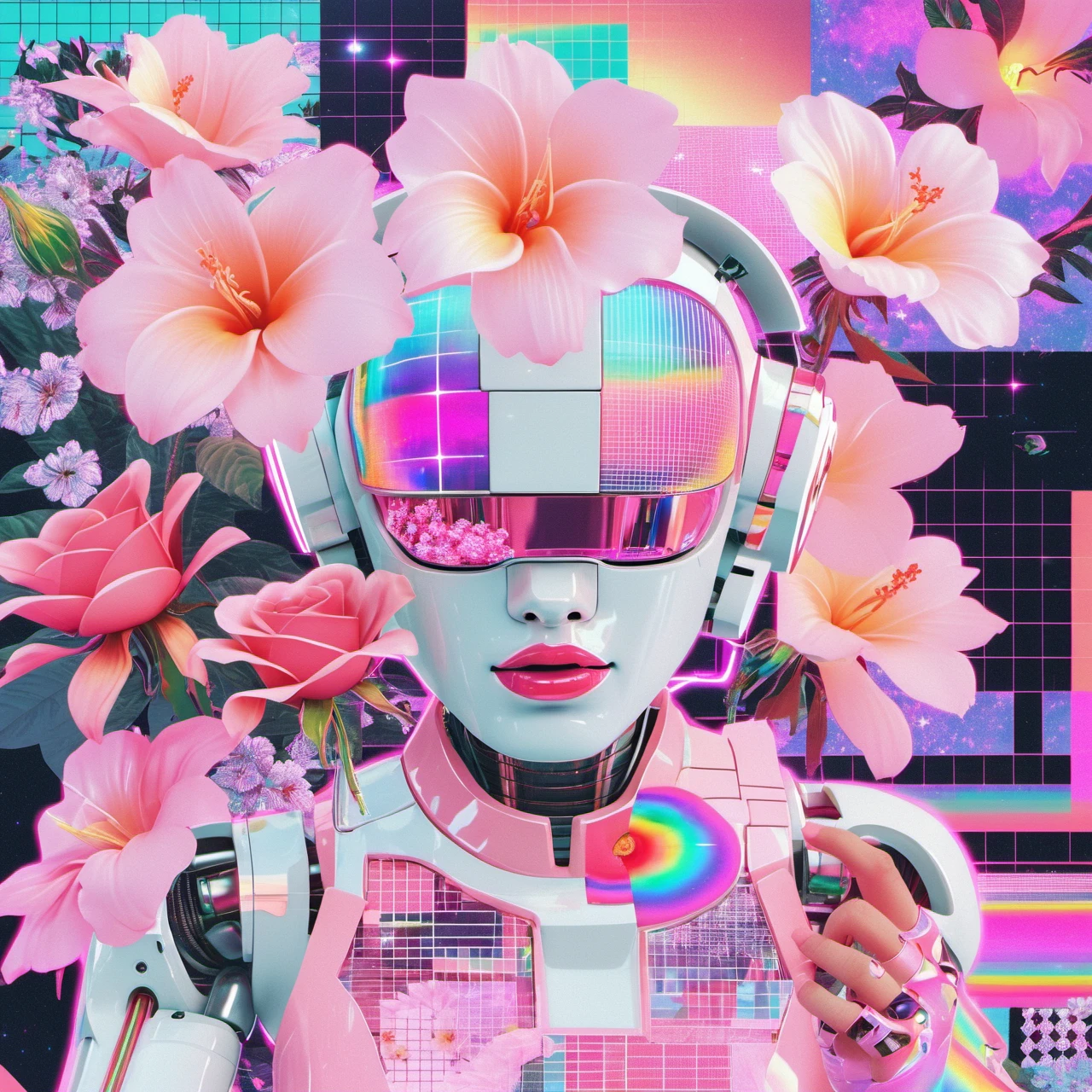 xdlx style, digital collage, abstract composition, glitched vaporwave music, iridescent geometric chrome robot, pixelization, flowers, vaporwave aesthetic, grids, graphs