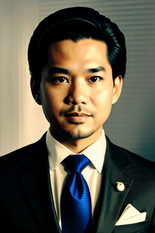 (classy, professional) portrait of a Indonesia lawyer, 35 years old, wearing a sophisticated suit with a perfectly tailored tie. He has a confident and determined expression on his face, showing his expertise and experience in the legal field. The portrait is done in a realistic and photorealistic style to capture every detail of the lawyer's features,