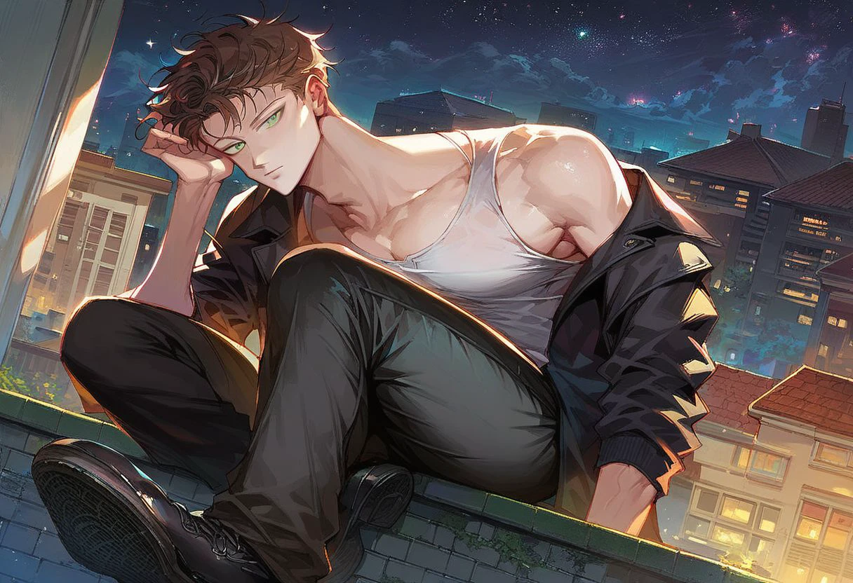 (score_9, score_8_up:1.1), score_7_up, 1boy, brown hair, green eyes, solo, black jacket, white shirt, black pants, laying down, roof, night, stars, nori