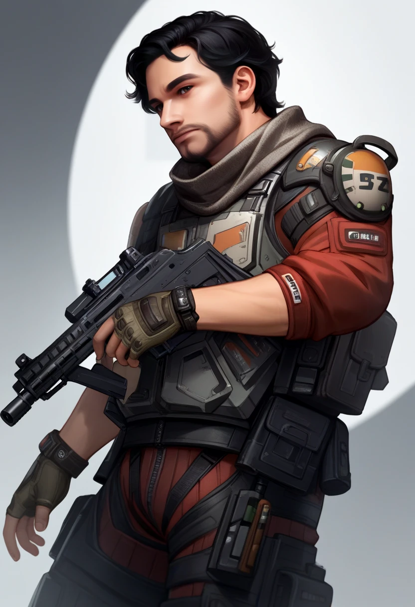 score_9, score_8_up, score_7_up, source_anime BREAK 1boy, solo, male focus, <lora:jackcooper-tif-richy-v1_pdxl:1> jackcooper, black hair, short hair, facial hair, scarf, orange jumpsuit, bulletproof vest, tactical clothes, armor, fingerless gloves, assault rifle, trigger discipline, science fiction,