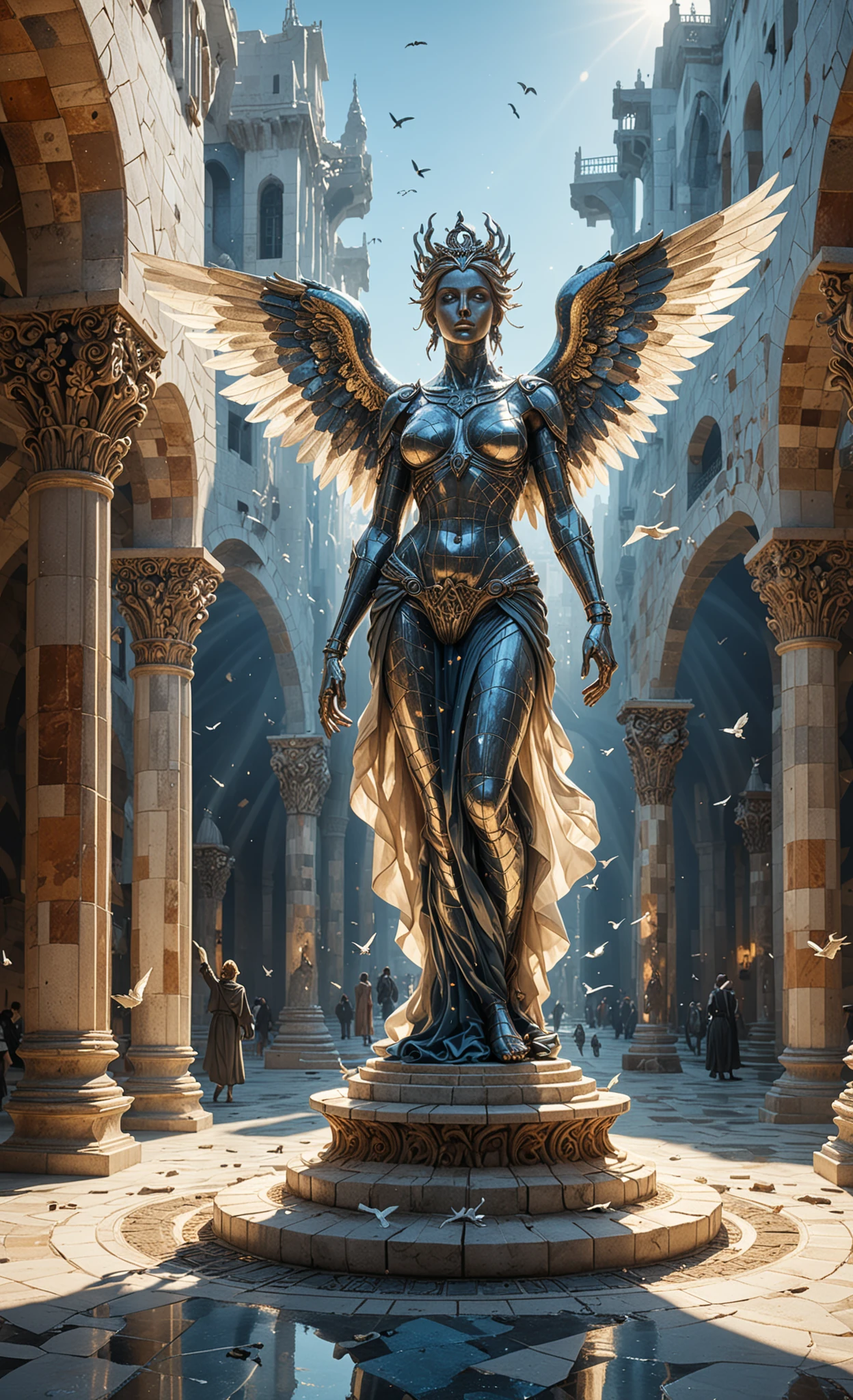 (art by Antoni Gaudi, by Angus McKie and Atelier Olschinsky), extreme beautiful painting in the style on detailed hyperrealism, cinematic composition, close up shot of Greek style human sculpture in a middle of square paved with white marble tiles, ray traced reflections, flying birds, solar prominence, fog, ((impressive vivid blue and black colors)), stars, photorealistic, epic, masterpiece, intricately detailed, natural lighting, volumetric lighting, concept art, elegant, artstation, sun rays,