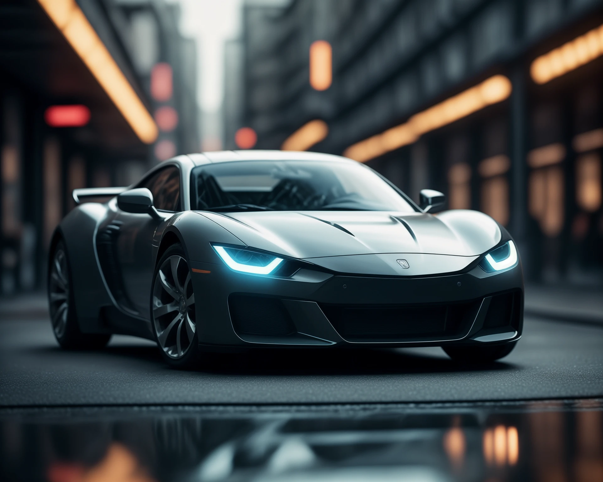 chrome sports car moving fast speed, cyberpunk city, (reflecting puddles), volumetric xenon light, ray tracing, Fujichrome Provia 100F, RTX, photolab, high quality photography, 3 point lighting, flash with softbox, 4k, Canon EOS R3, hdr, smooth, sharp focus, high resolution, award winning photo, 80mm, f2.8, bokeh