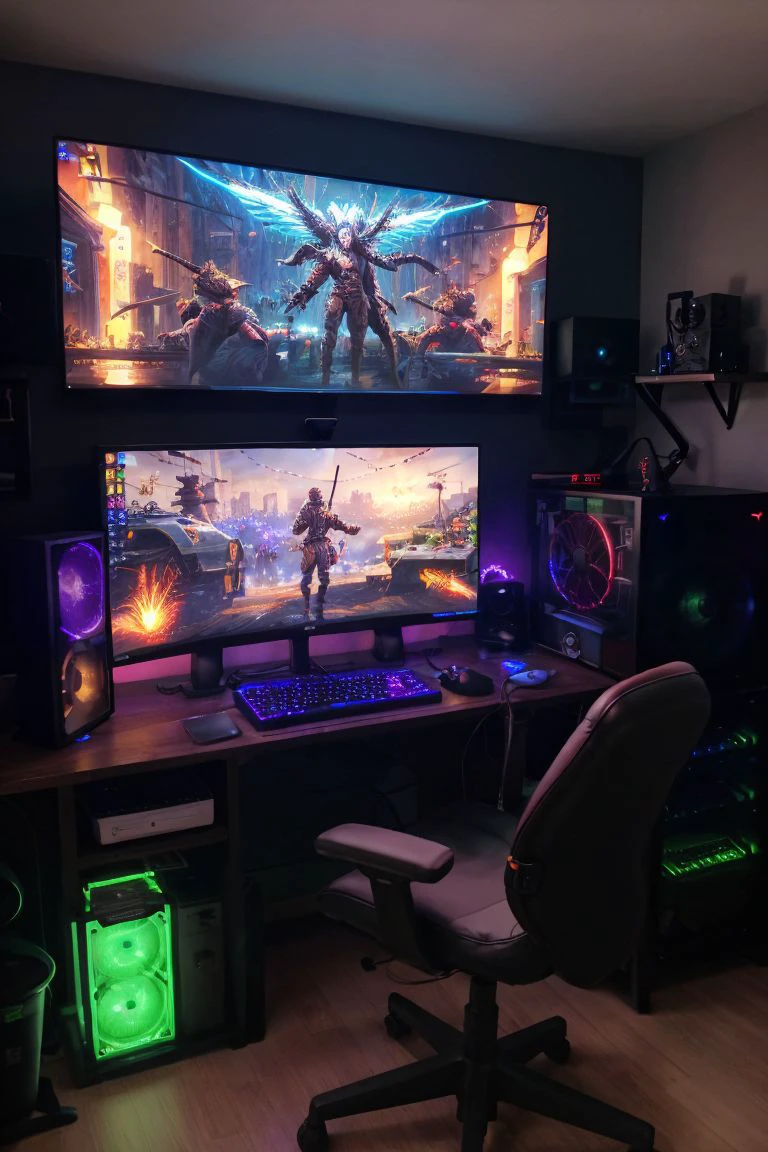 <lora:PCMR_v1:0.6>
a PCMR computer with keyboard and wide screen monitors on a desk, computer case with rgb lights, watercooling pipes and large graphics cards BREAK
in a modern and dark gaming room BREAK
sharp focus, intrincate details, ultra realistic, cinematic look