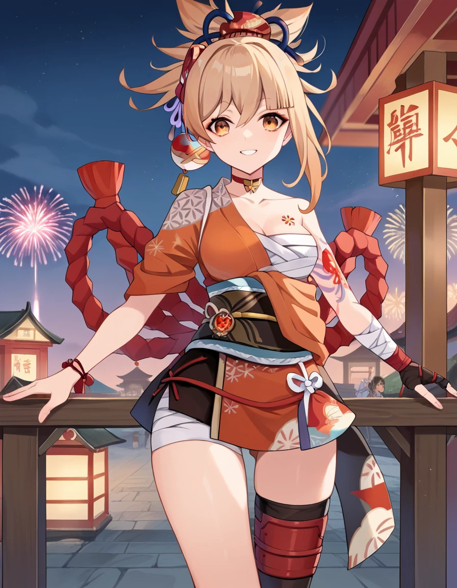 score_9, score_8_up, score_7_up, source_anime,
yoimiya, <lora:yoimiya-ponyxl-lora-nochekaiser:1>,
yoimiya, bangs, blonde hair, hair ornament, hair between eyes, ponytail, sidelocks, orange eyes, light brown hair, smile,
thighhighs, gloves, jewelry, japanese clothes, choker, fingerless gloves, kimono, bracelet, sash, tattoo, bandages, obi, rope, asymmetrical legwear, pouch, sarashi, bandaged arm, red choker, arm tattoo, shimenawa, bandaged leg, chest tattoo, hadanugi dousa, orange kimono, single fingerless glove,
outdoors, shrine, fireworks, festival,
looking at viewer, dutch angle, cowboy shot,