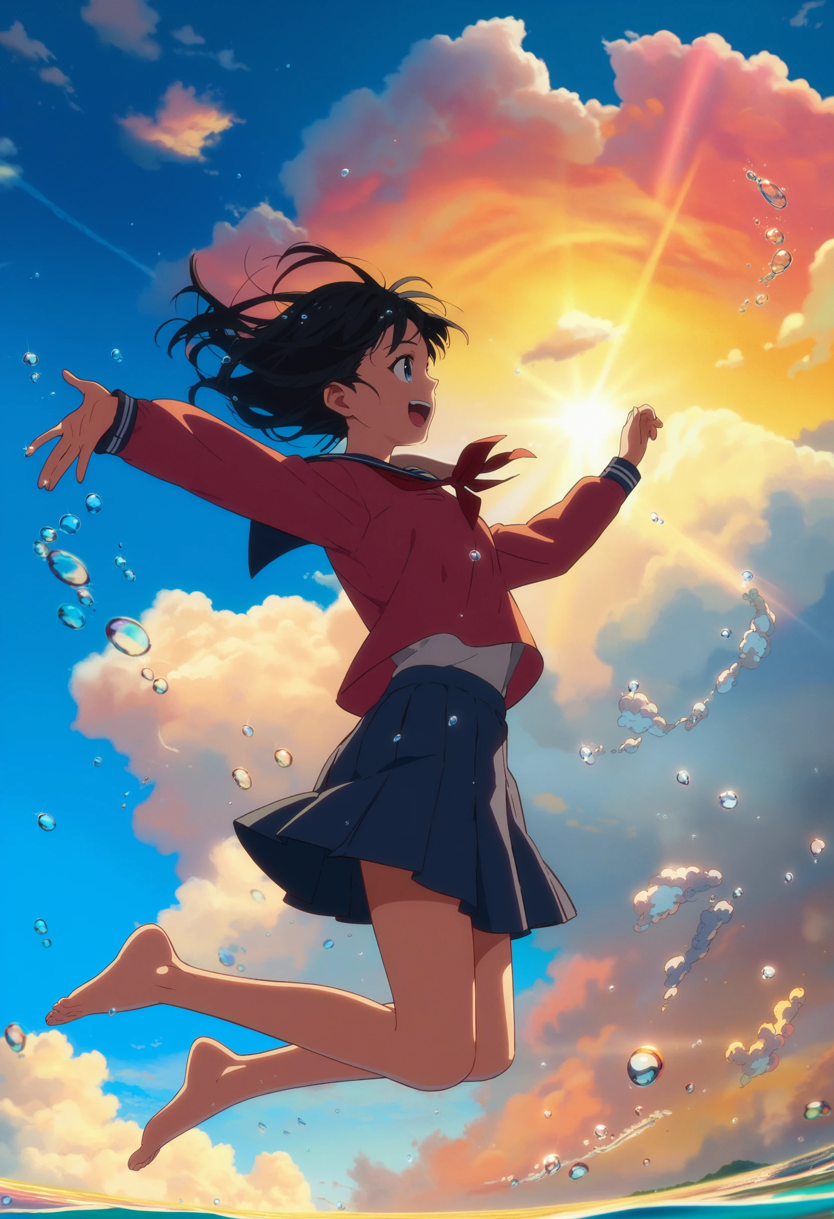 (score_9:1.1),score_8_up,score_7_up,score_6_up,source_anime,anime screencap,<lora:CoMix_BGXL_V2:1>,falling,1girl,from side,black hair,school uniform,barefoot,blue eyes,happy,cloud,sky,outdoors,sunset,large cloud,colorful cloud,cloudy sky,colorful sky,blue sky,sunlight,water drop,