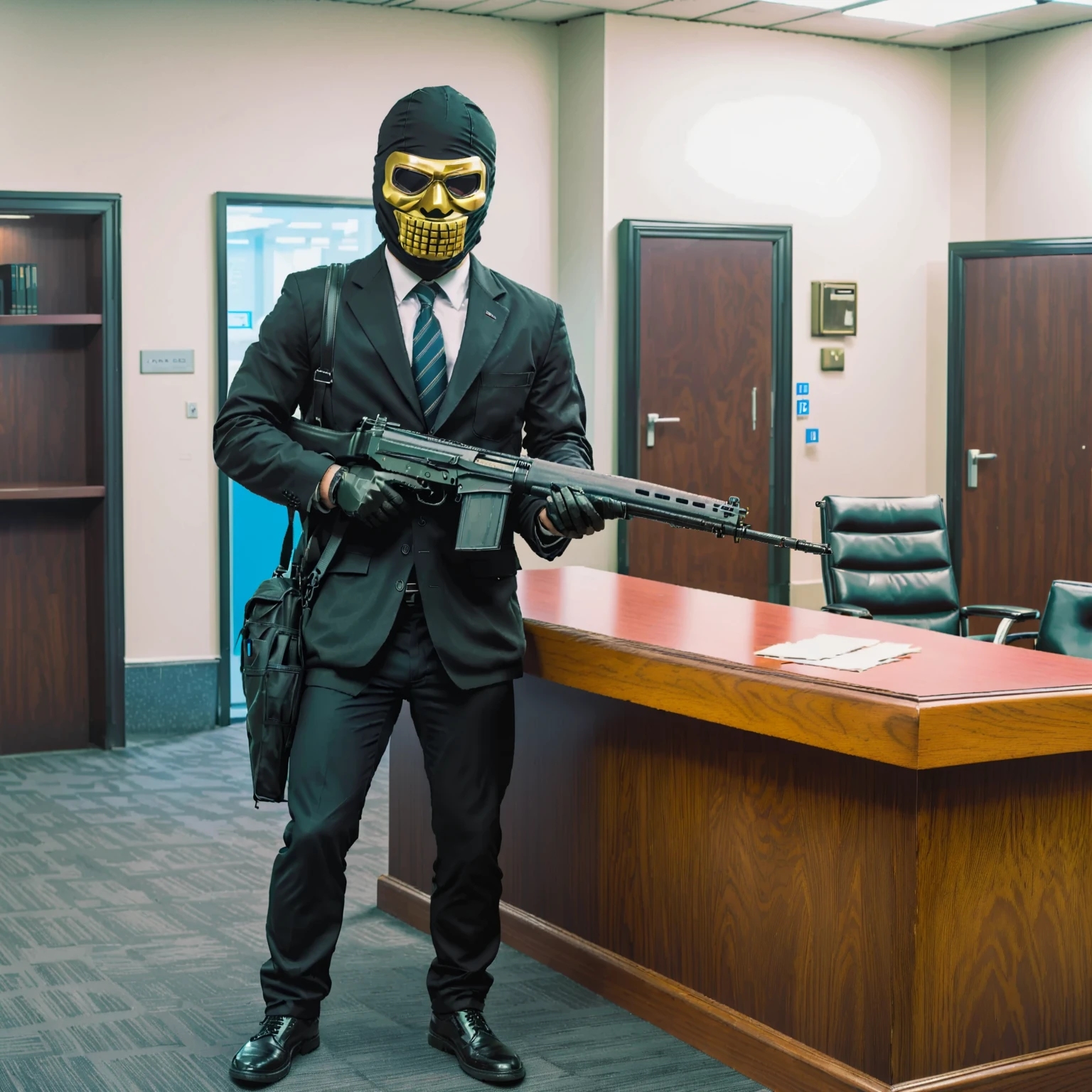 a bank robber holding a rifle wearing a rubber nixon mask, standing on a desk, in the middle of a federal bank during a heist, black suit, rubber mask, duffel bag, fnfalrfl,