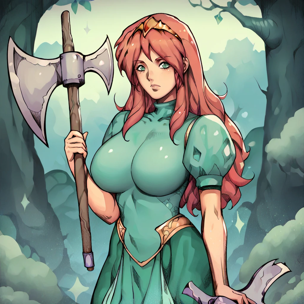 score_9, score_8_up, score_7_up, score_6_up, score_5_up, score_4_up, a girl standing in the forest, <lora:FFMQ_Kaeli_XL:1.0> kaeli, final_fantasy, red hair, tiara, long hair, long green dress, holding a large axe, large breasts, <lora:odanon_style_v2:1>