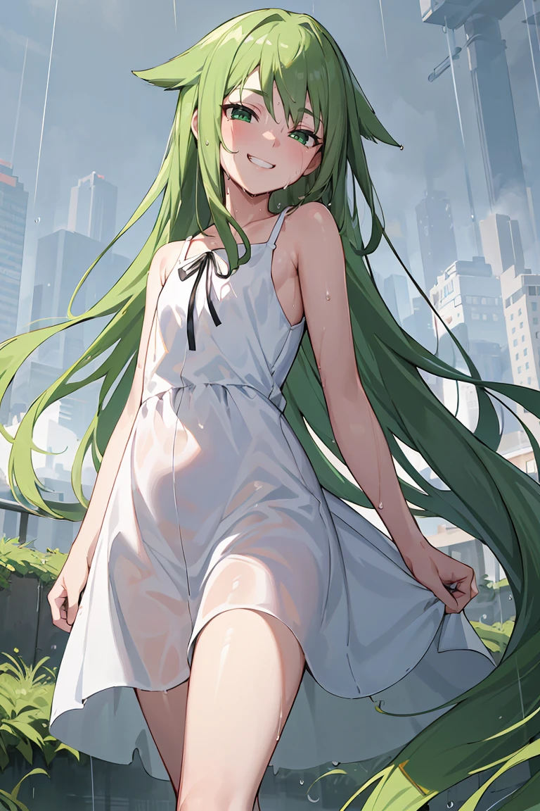 masterpiece, best quality,ultra-detailed , glistening shiny, glowing light, ray tracing, HDR, deph of field, (perfect face, detailed face),   <lora:SayaVN:0.8>, sayavn, very long hair, green hair, hair flaps, flat chest, grin, wet skin, sundress, black ribbon, walking, rain