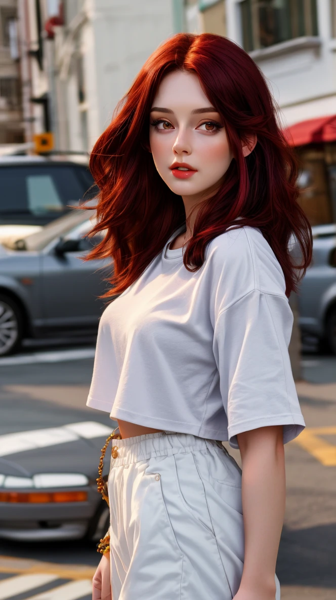 masterpiece ,realistic ,high quality, masterpiece, 1 girl, a beautiful young woman of 24 years, black red hair, brig breasts, absurdly, white casual clothes, vertical, 8k,4k