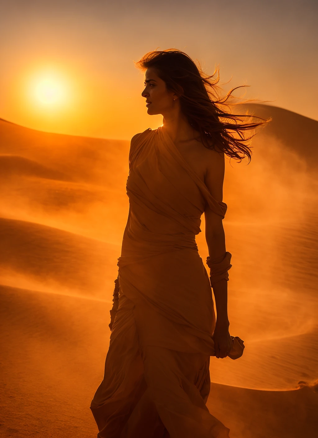 photo of beautiful woman in cinematic pose during epic sandstorm <lora:locon_theme_dunetheme_dnthm_v1_from_v1_64_32:1> (dnthm theme), setting sun