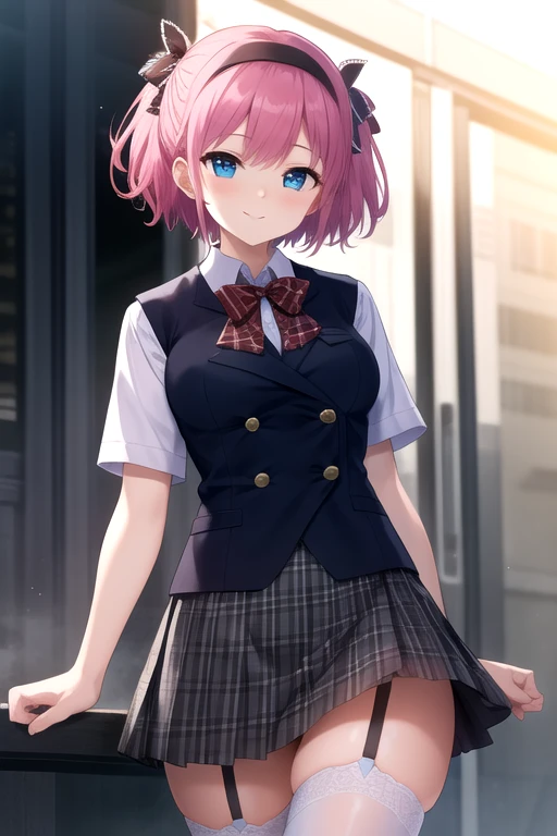 ((masterpiece)),(best quality),official art,extremely detailed CG,unity 8k wallpaper,ultra detailed,beautiful detailed eyes,extremely detailed face,1girl,solo,outdoors,cowboy shot,looking at viewer,facing viewer,smile,nubile,Komine Sachi,short hair,hairband,hair ribbon,plaid ribbon,hair bow,black bow,pink hair,sidelocks,side swept bangs,blue eyes,school uniform,black vest,buttons,red bowtie,plaid bowtie,collared shirt,white shirt,short sleeves,large breasts,black skirt,white thighhighs,lace-trimmed legwear,garter straps,loafers,<lora:Komine Sachi(gk)>,