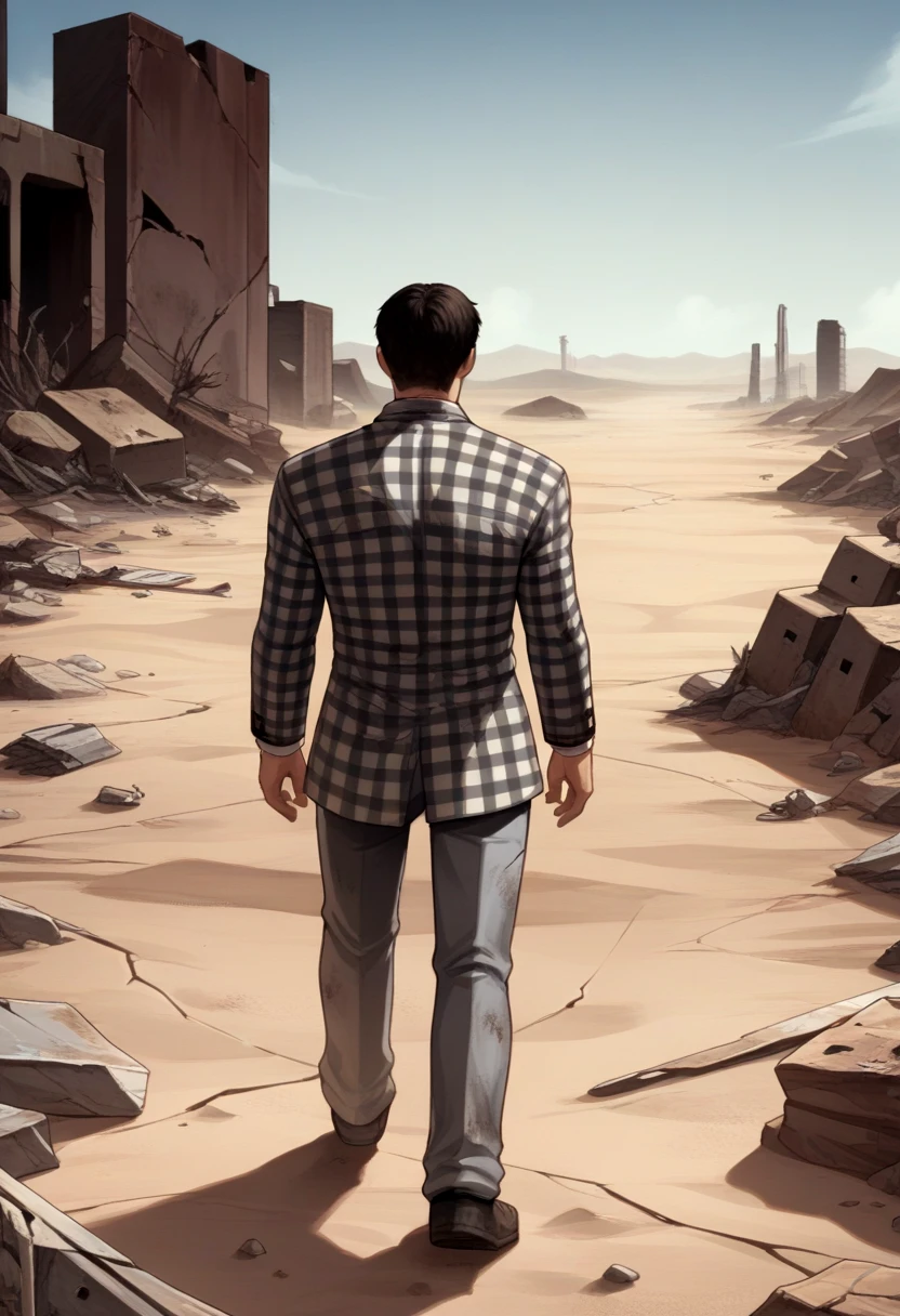 score_9, score_8_up, score_7_up, source_anime BREAK 1boy, solo, male focus, <lora:benny-fnv-richy-v1_pdxl:0.8> benny, black hair, short hair, checkered suit, grey pants, outdoors, post-apocalypse, las vegas, fallout, city, junkyard, walking, from behind, walking away, desert, ruins, debris, mojave, nevada, concrete, cracked, sand