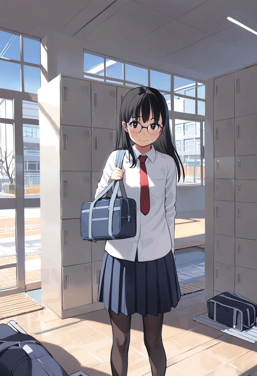 1girl, glasses, black hair, long hair, standing, red necktie, pantyhose, white shirt, blue skirt, collared shirt, pleated skirt, shy smile, blush, looking at viewer, solo focus, blue school bag,
getabako, scenery, window, locker, school, indoors, sunlight, building, day, reflective floor, bench, door
<lora:col_xl:0.8> <lora:gakkou_getabako_SDXL_V1:0.8>
best quality, ultra-detailed, illustration,