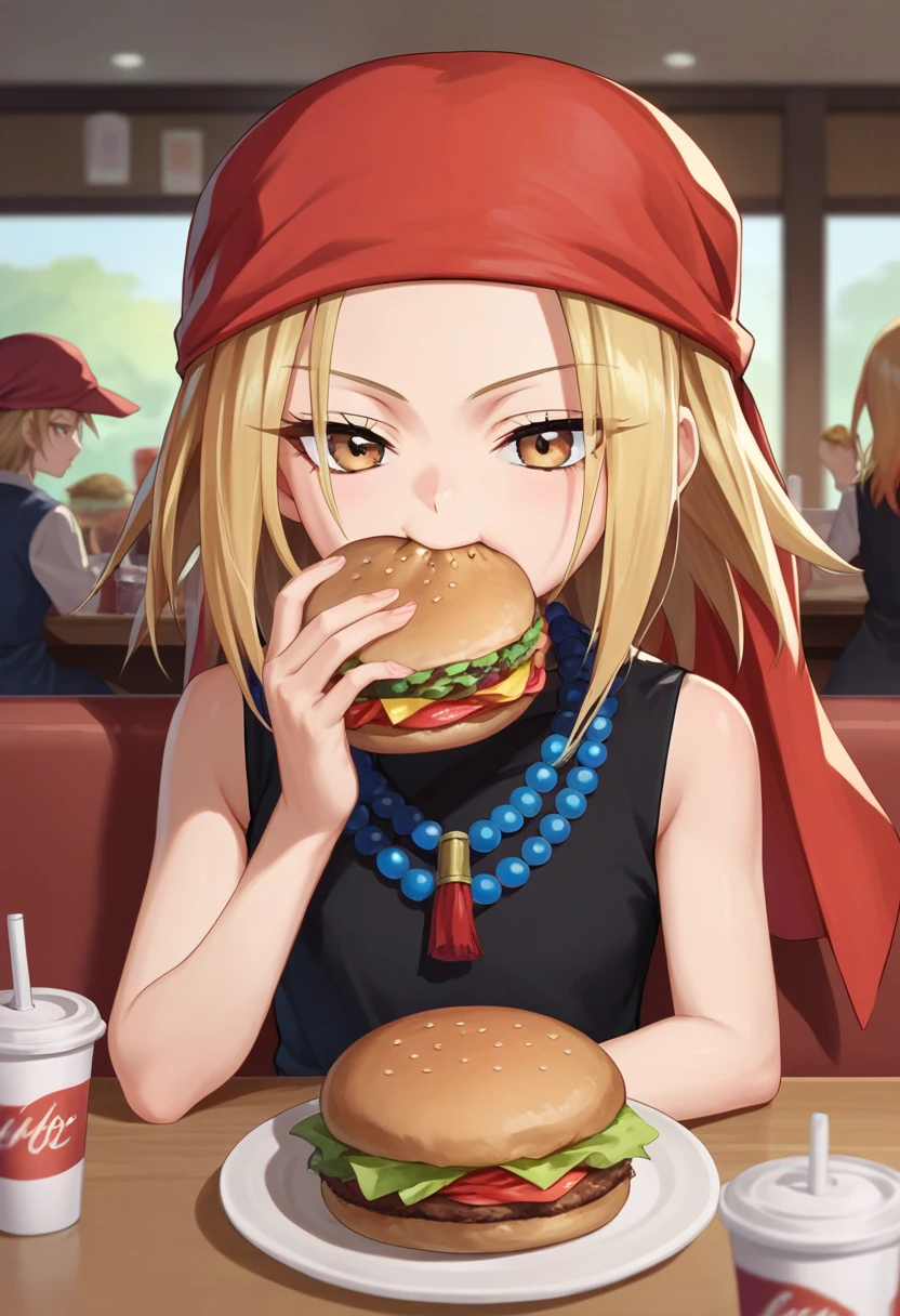 score_9, score_8_up, score_7_up, source_anime, kyouyama anna, blonde hair, short hair, brown eyes, black dress, bead necklace, red bandana, cafe, pov, eating burger, sitting, <lora:Anna kyouyama-000008:1>