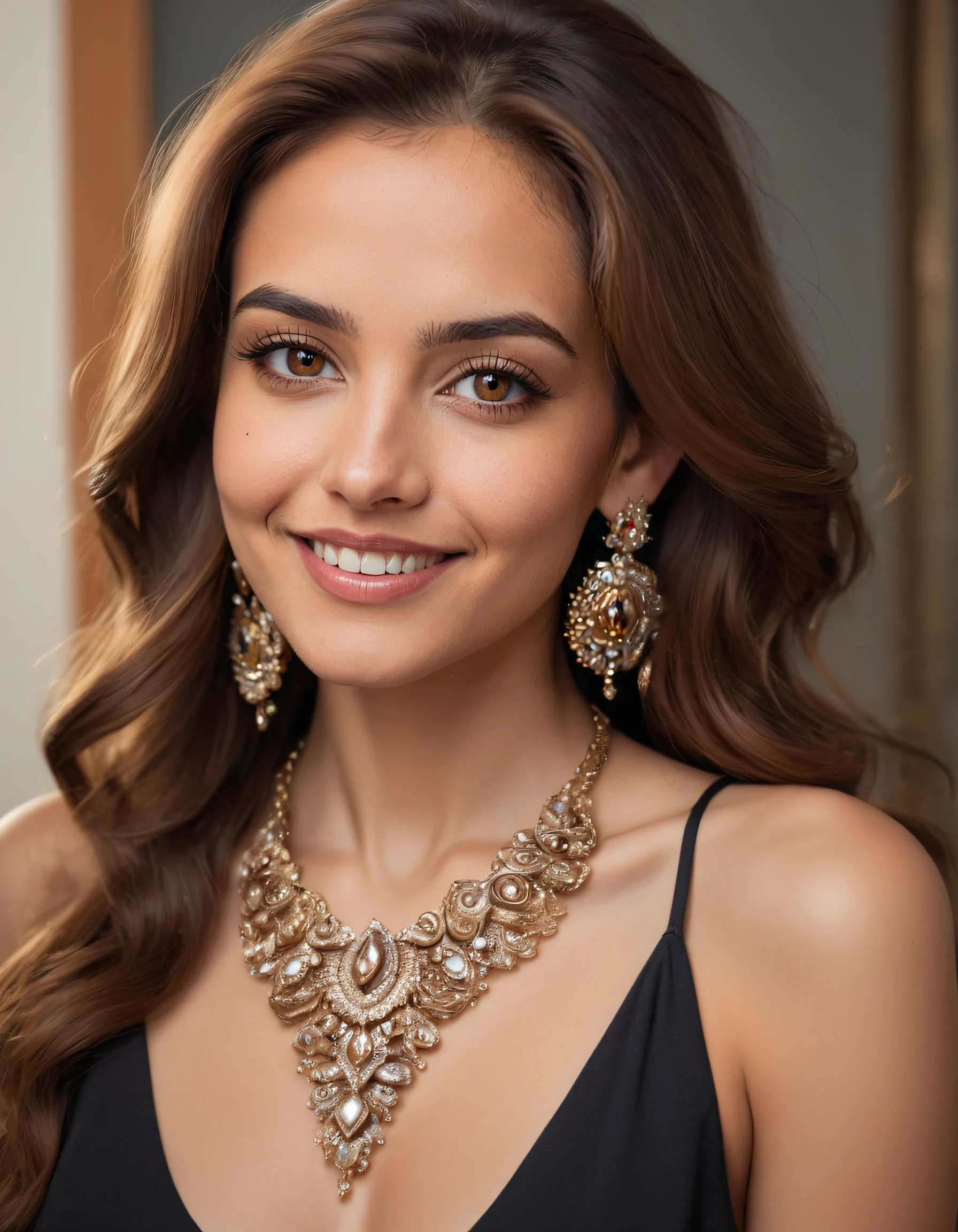a woman posing for a photo shoot. In the scene, a captivating woman with mesmerizing brown eyes, flowing brown locks and alluring long hair, wearing stunning jewelry consisting of earrings, a statement necklace and other subtle yet elegant adornments, stands alone as she poses for a photo shoot; her confident smile, showcasing perfectly shaped lips, draws the viewer in while she gazes straight into the camera lens. jazminetan <lora:yiyxii18e06944d51n625:1>