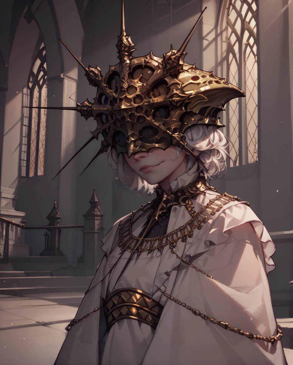score_9,score_8_up,score_7_up,score_6_up,score_5_up,
Gwyndolin,white hair,flat chest,gold mask,covered eyes,
gold jewelry,white dress,long sleeves,light smile,
cathedral,moonlight,
standing,upper body,
<lora:Gwyndolin:1>,