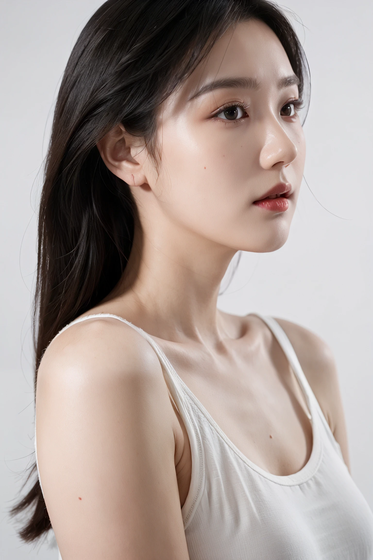 masterpiece, best quality, 1girl, (close_mouth:1.3), white background, black hair, Slicked Hair, face front, upper body, studio light, studio, side light, makeup portrait, pink eye shadow, face in center