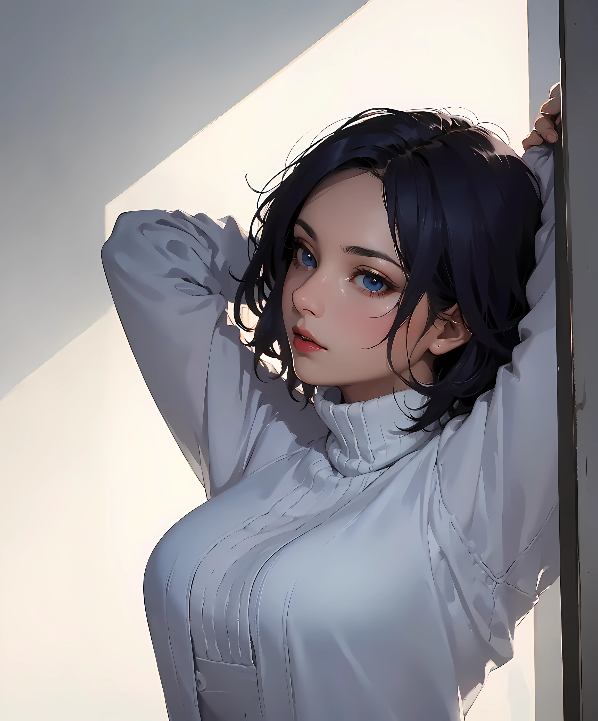 (masterpiece, top quality, best quality, official art, beautiful and aesthetic:1.2),
1girl, adult woman,
close up shot ,
hands behind head ,
colorful hair , short hair ,
medium breasts,
seductive ,
winter clothes ,
lips closed, subtle lipstick,
serious , ,
blue eyes , beautiful eyes, looking away ,
latino ,
side view ,
in the style of Tatsuki Fujimoto ,
simple color background ,
<lora:add_detail:-0.6>
