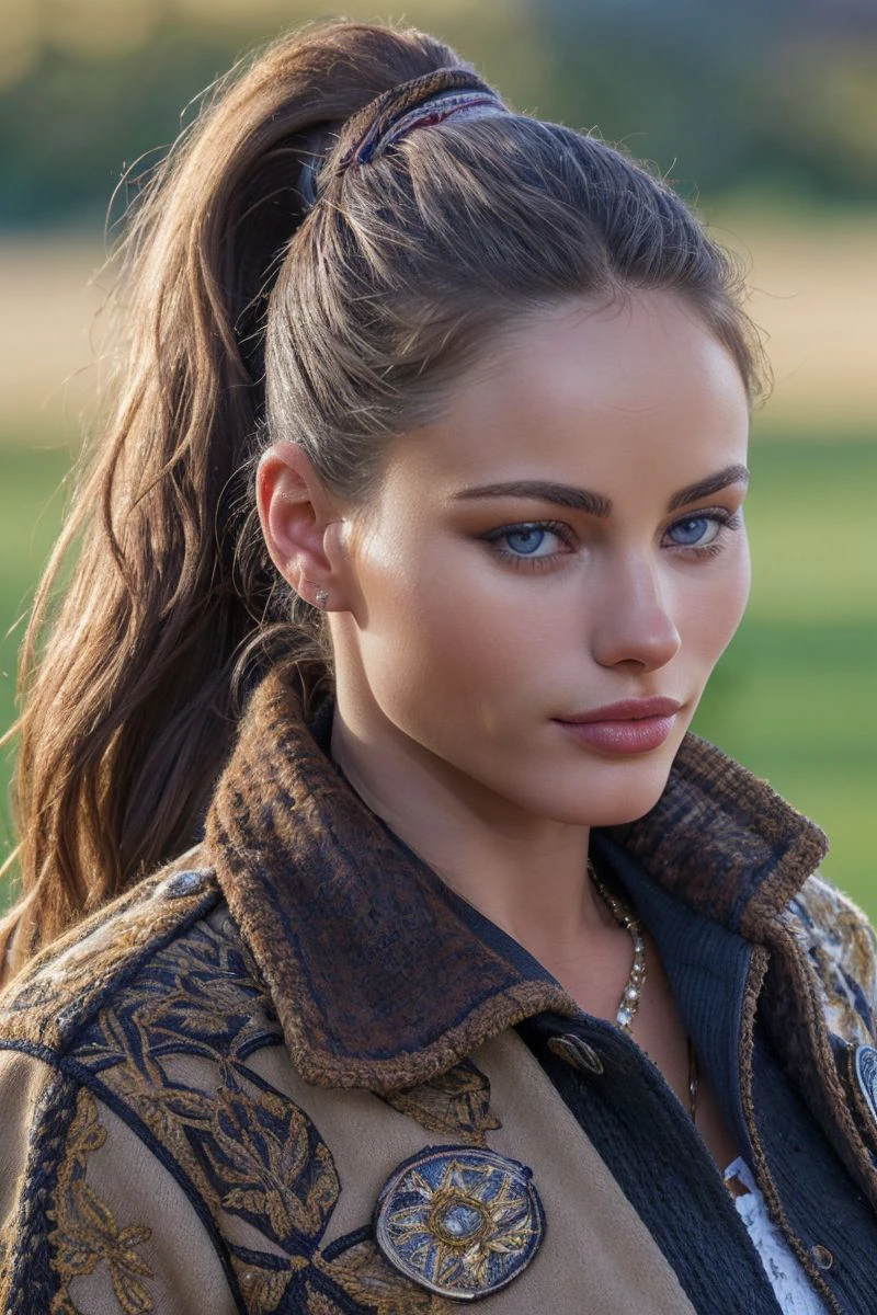 portrait of S353_KylaCole,a gorgeous woman,on a (field:1.1),wearing a (jacket:1.1),(ponytail),(4k, RAW photo, best quality, depth of field, ultra high res:1.1),(absurdres, intricate, photorealistic, masterpiece, ultra-detailed:1.1),