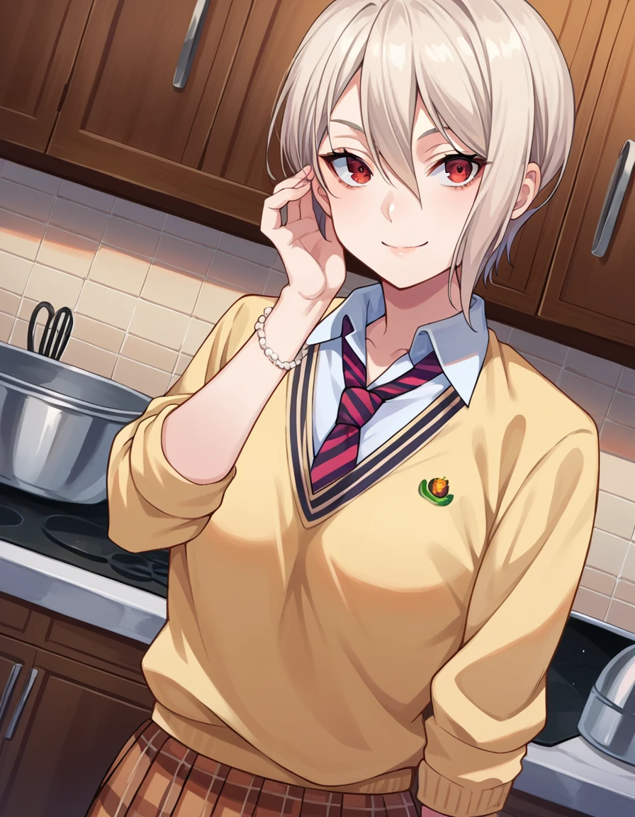 score_9, score_8_up, score_7_up, source_anime,
alicenakiri, <lora:alice-nakiri-ponyxl-lora-nochekaiser:1>,
alice nakiri, short hair, red eyes, white hair, hair between eyes, smile,
skirt, shirt, jewelry, school uniform, pleated skirt, necktie, striped, bracelet, sweater, plaid, plaid skirt, striped necktie, white shirt, collared shirt, light brown sweater,
indoors, kitchen,
looking at viewer, dutch angle, cowboy shot,