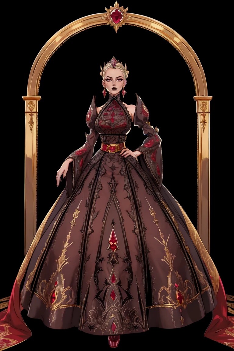 (portrait:1.3), woman, platinum blonde hair, wearing HUD_Evl_Que3n_2, dress, earrings, <lora:Evil_Queens_Sister-000009:0.65> , (The City of Glas:1.2), (((Passion)), Regal Desire, Luxurious ((brocade ballgown)), Intense (ruby red) with (gold) patterns, Structured (bodice), Balloon (sleeves), (Gold) corded belt, Floor-length, Red brocade booties, Empress, Vintage updo, (Gold) and ruby headpiece.:1.1), evil, eyeliner, black lips, dark skies, lightning