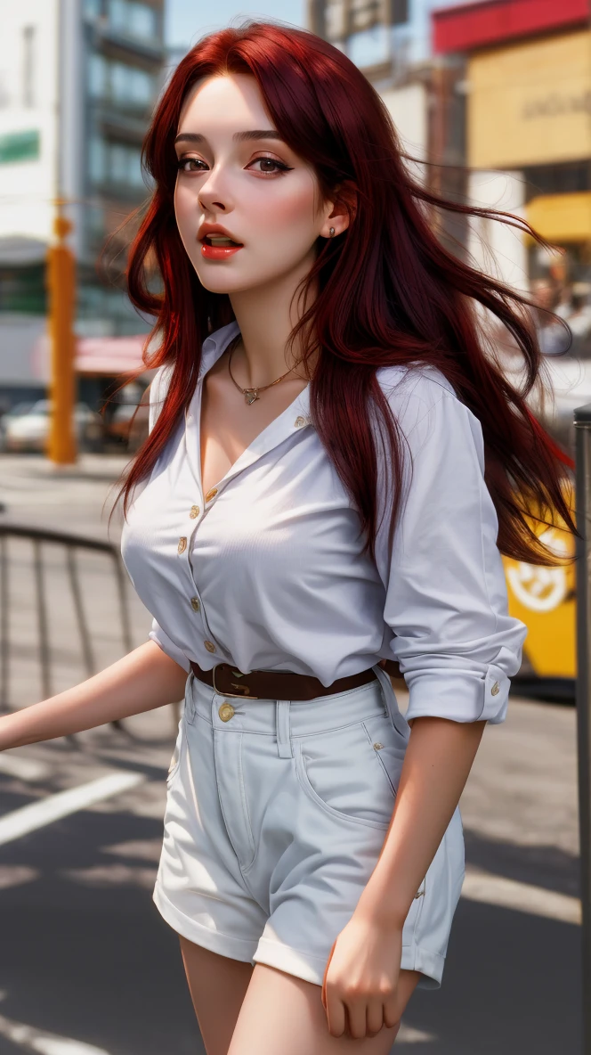 masterpiece ,realistic ,high quality, masterpiece, 1 girl, a beautiful young woman of 24 years, black red hair, brig breasts, absurdly, white casual clothes, vertical, 8k,4k